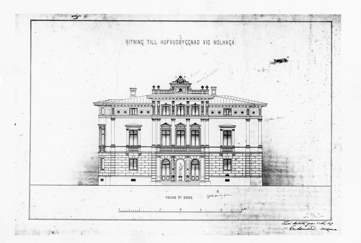 Fotografi av ritning till Nolhaga slotts huvudbyggnad, södra fasaden. 
Ritningen är signerad av arkitekt Adrian C. Petersson, Göteborg, 1879. 
Enligt påskrift tillhör ritningen ett kontrakt utfört 5 maj 1879 och är signerat av Claes Adelskiöld.