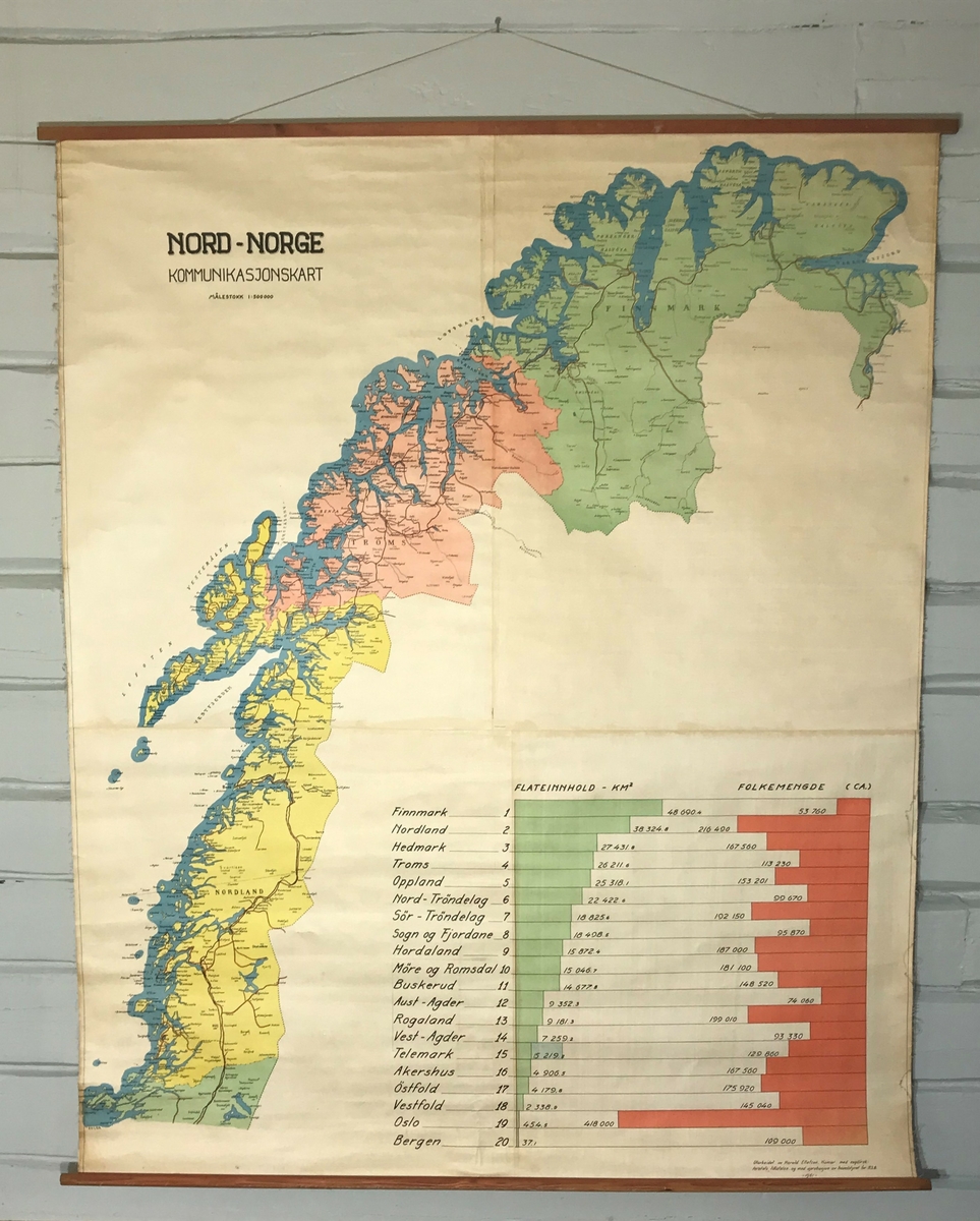 Kart over Nord-Norge, viser flateinnhold km2 og folkemengde ca. 1951