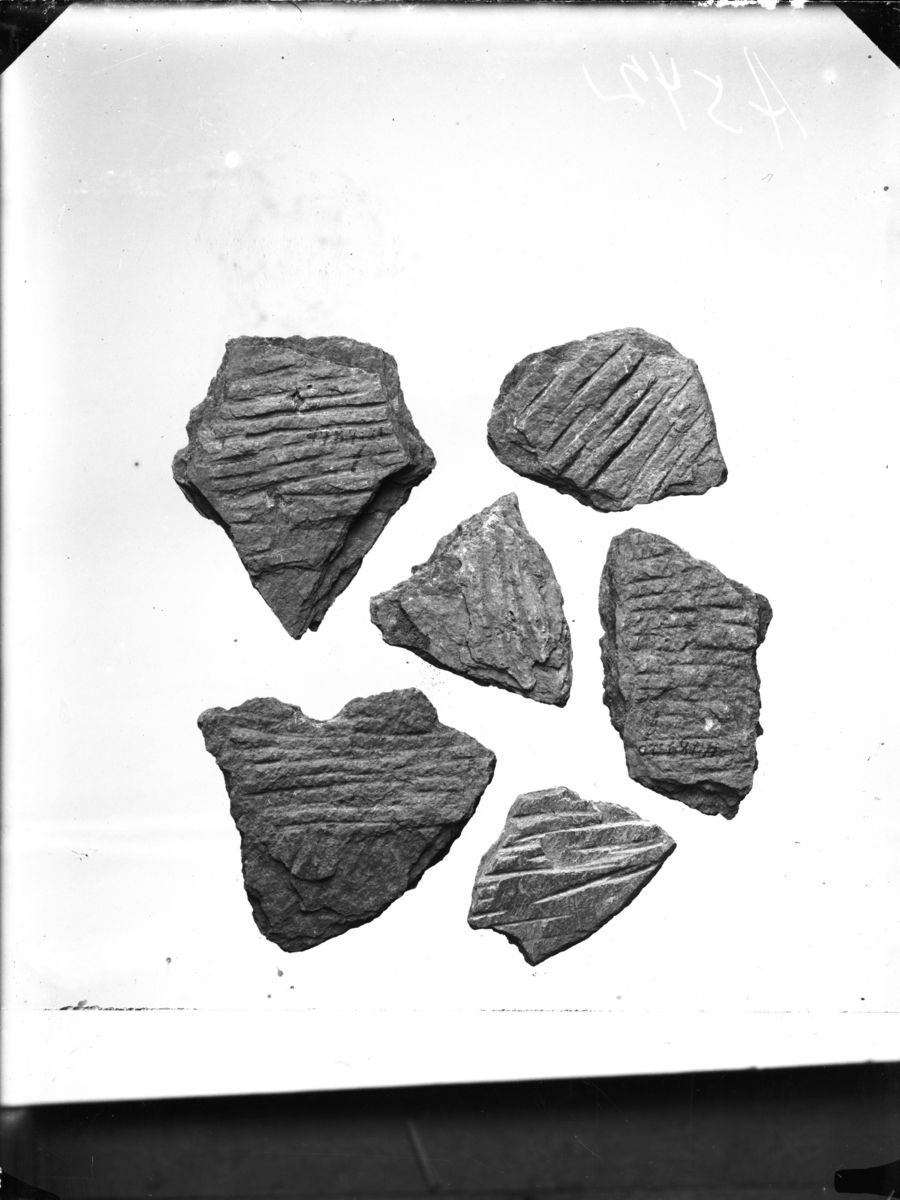 "4787 f. 13 stykker av runde, tynne, flate skiferheller med innskårne striper, dels på begge sider, dels bare på den ene side (se Petersen 1933, pl. 2, fig. 5)."
Tolv fragmenter av baksteheller av fyllitt, stl: 31-91 mm. 
