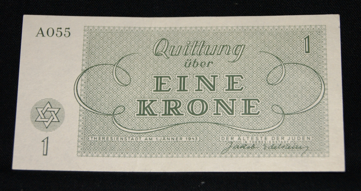 Specialupptryckta 1-kronorssedlar som endast kunde användas i Theresienstadt.