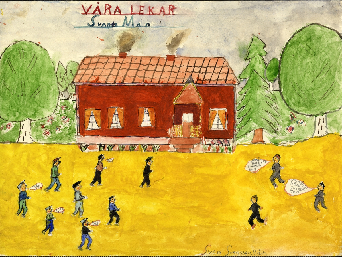Barnteckning - akvarell.
"Våra lekar", 1945. 
Svarte man.

Sven Svensson, Karsemåla skola, 11 år. 

Inskrivet i huvudbok 1947.