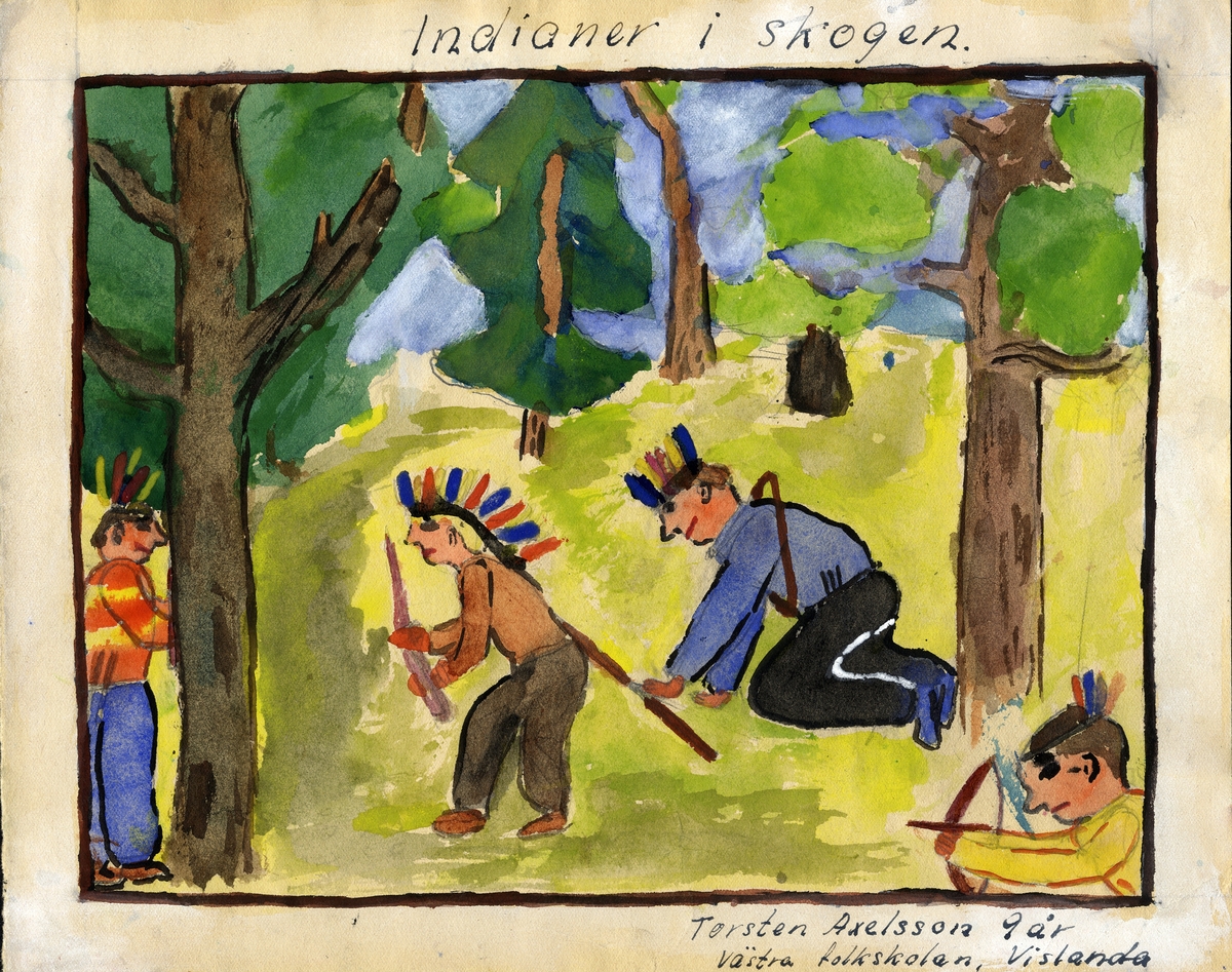 Barnteckning - akvarell.
"Våra lekar", 1945. 
Indianer i skogen. 

Torsten Axelsson, Vislanda, 9 år. 

Inskrivet i huvudbok 1947.
