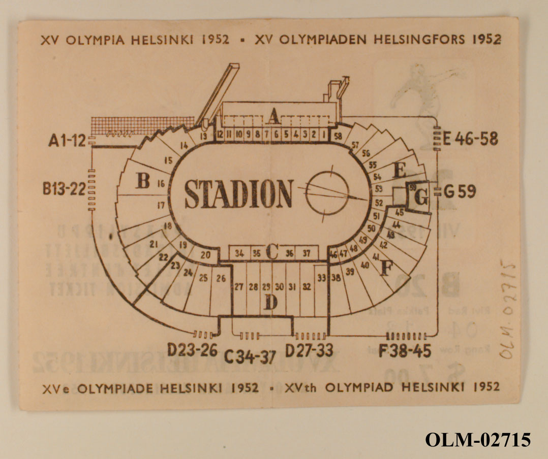 Inngangsbillett til friidrettsøvelser den 20.07.1952 i Helsinki.  Til venstre et bilde av en diskoskaster, dato, setenummer, pris og et bilde av en sprinter med de olympiske ringene i bakgrunnen. På baksiden en oversikt over stadion.