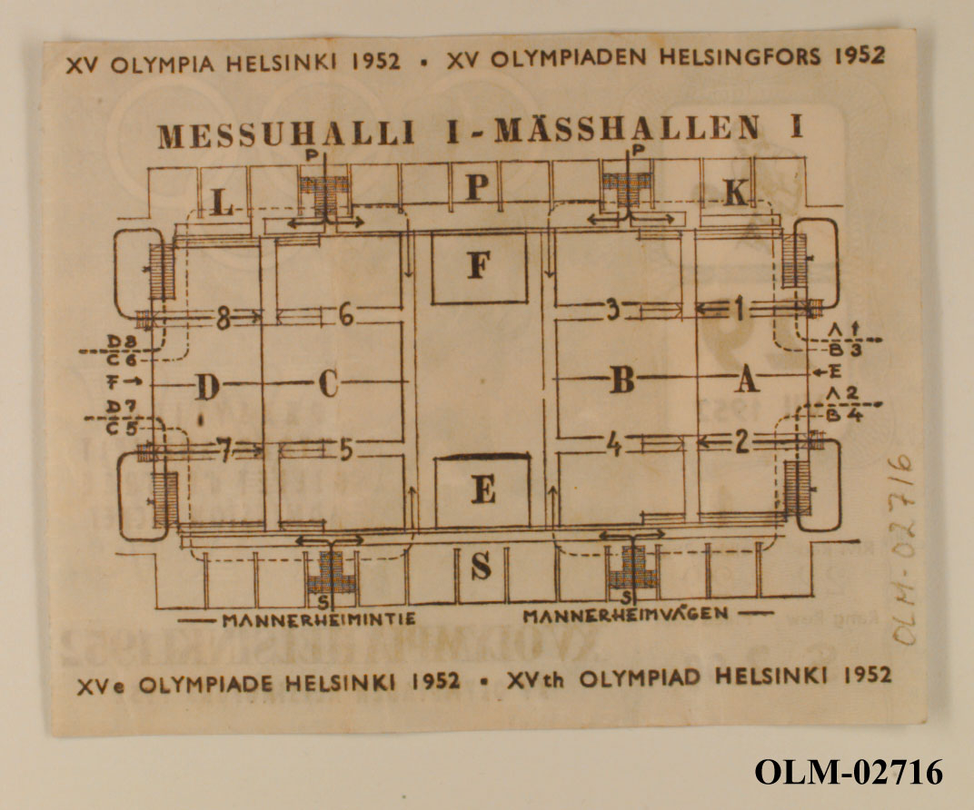 Inngangsbillett til boksekamp den 29.07.1952 i Helsinki.  Til venstre et bilde av en bokser, dato, setenummer, pris og et bilde av en sprinter med de olympiske ringene i bakgrunnen. På baksiden en oversikt over hallen.