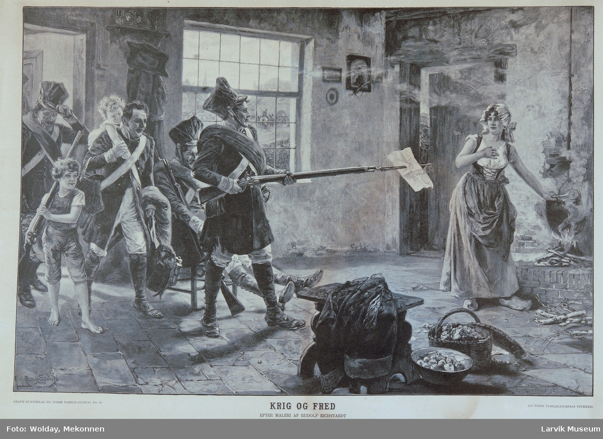 Soldater som kommer hjem fra krig inn i en stue, hvor en dame lager mat på ilden.Den ene mannen holder et gevær med bajonett peker mot damen med et papir stukket på bajonetten.