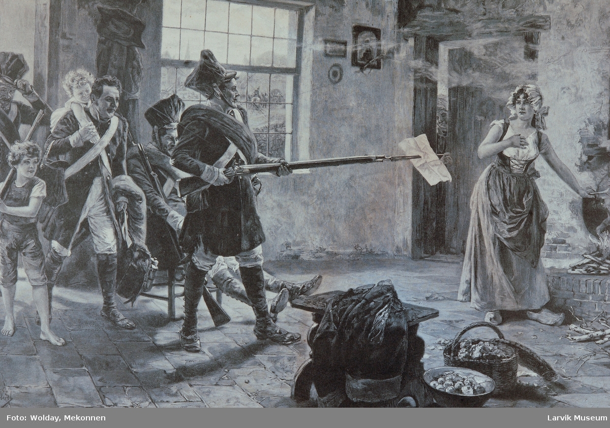 Soldater som kommer hjem fra krig inn i en stue, hvor en dame lager mat på ilden.Den ene mannen holder et gevær med bajonett peker mot damen med et papir stukket på bajonetten.