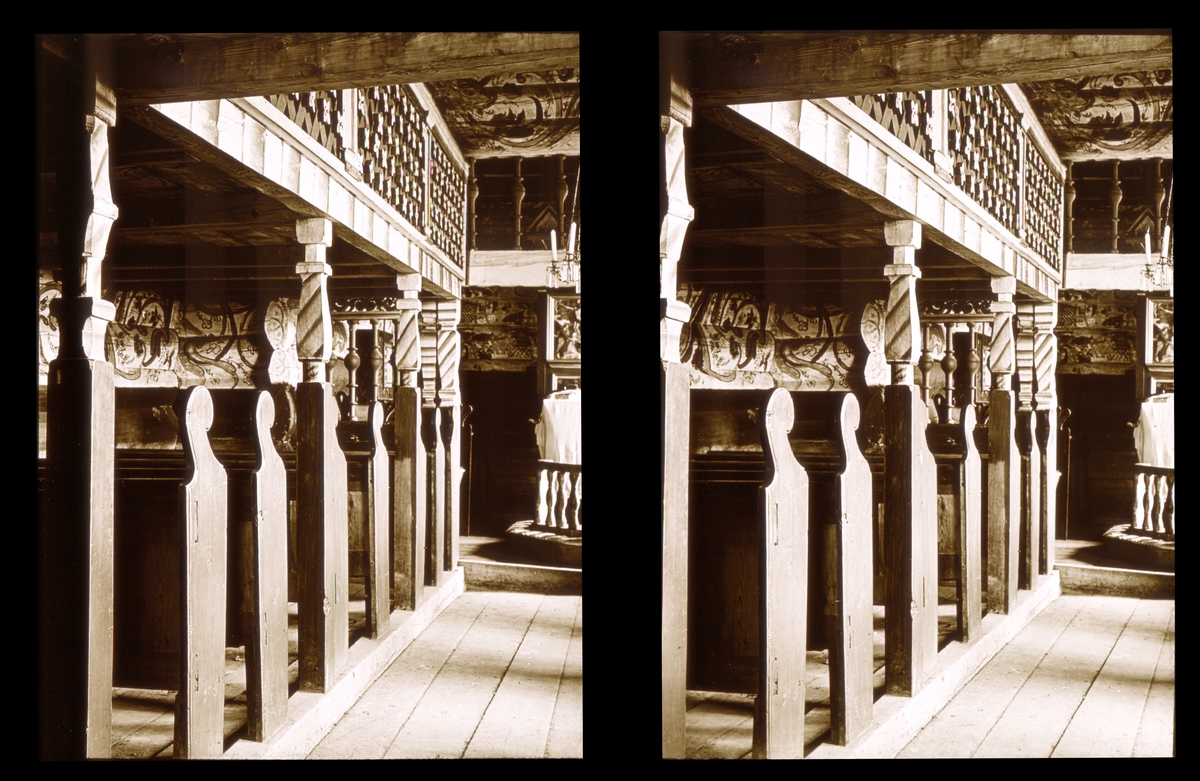 Interiør, skipet, Bykle gamle kirke. Rosemalte bjelker. Tilhører Arkitekt Hans Grendahls samling av stereobilder.