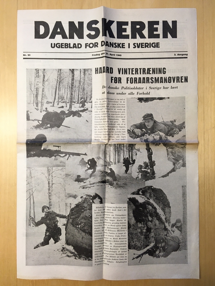 Tidning på 8 sidor. "Danskeren - ugeblad for danske i Sverige", fredag den 27 april 1945, nr 20, 2 årgång.