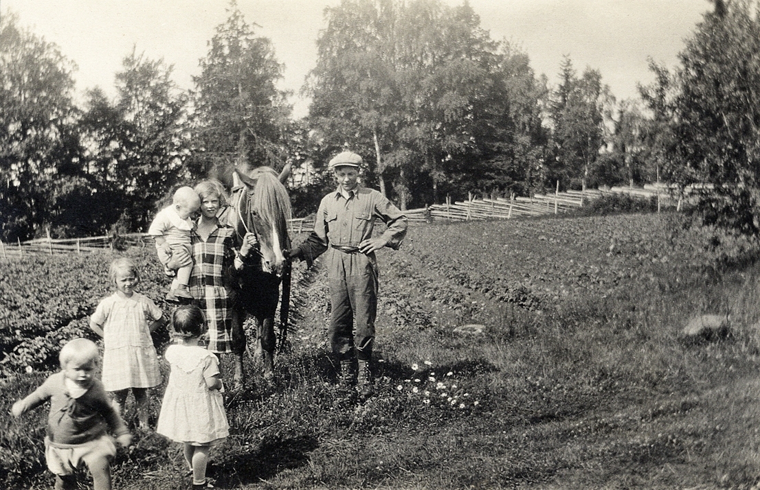 En tonårspojke tillsamman med en häst, en tonårsflicka och några småbarn vid ett trädgårdsland. 

Jfr Alb16-194.