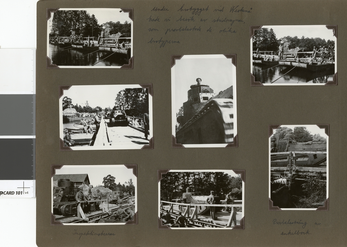 Text i fotoalbum: "Under brobygget vid Westanå hade vi besök av stridsvagnar, som provbelastade de olika brotyperna. Inspektionsherrar".