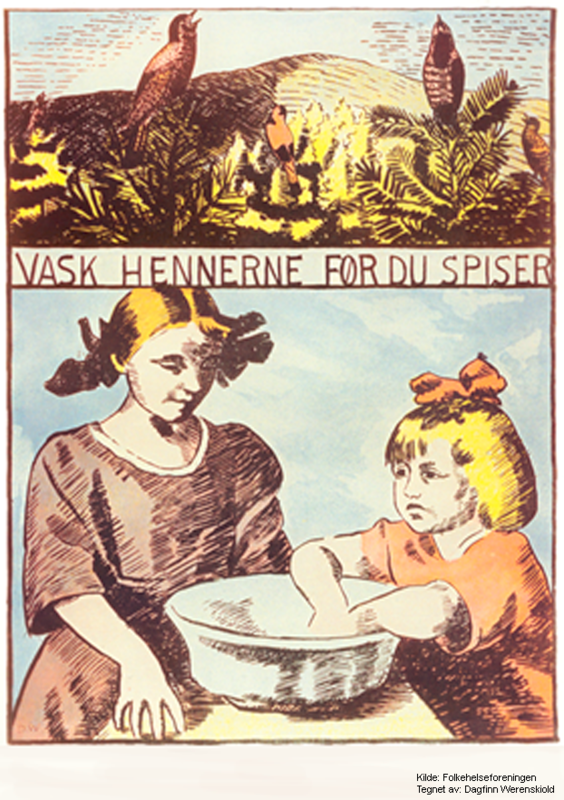 Hygieneplakat tegnet av Dagfinn Werenskiold, med oppfordring om å vaske hendene før du spiser.