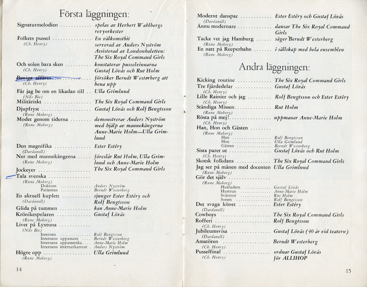 Program för Folkparksteatern uppsättning av 1956 års Klange-revy vid namn "Folkets Pussel". Programmet är blått med text i gult, svart, rött och vitt. Högst upp står Folkparksteatern under det titeln. Under texten en man som böjer sig ner i mot en låda. Häftat. Inlaga på 24 sidor som innehåller information om föreställningen och annonser.

Tillstånd vid förvärv: Gott skick.
