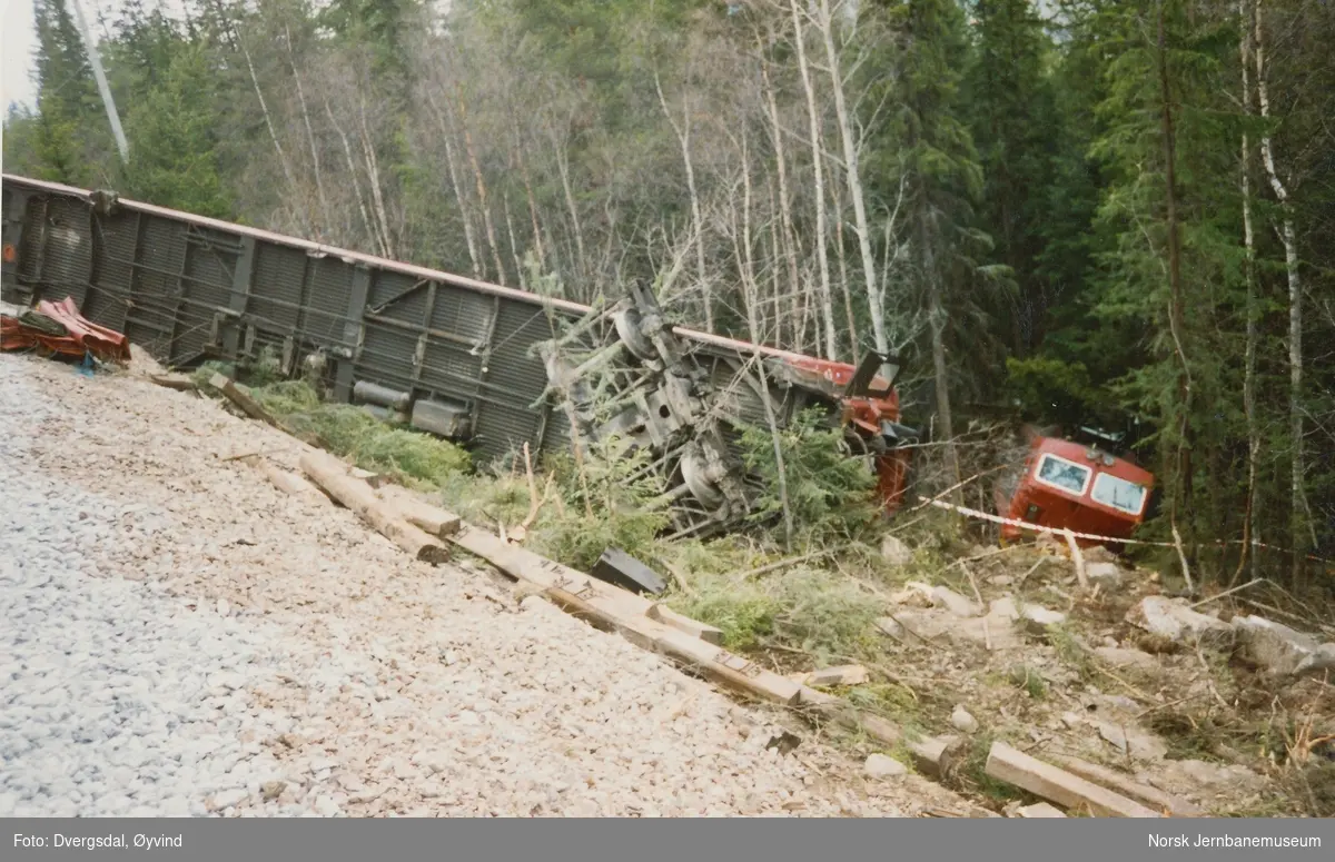 Elektriske lokomotiv El 16 2211 i skogen etter avsporing i Sangelia mellom Ål og Hol stasjoner