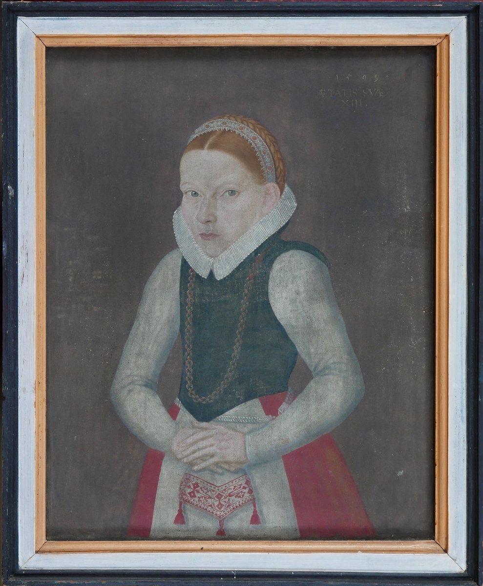 Avfotografert maleri. Portrett av jente på 13 år, maleri av ukjent kunstner datert 1599.