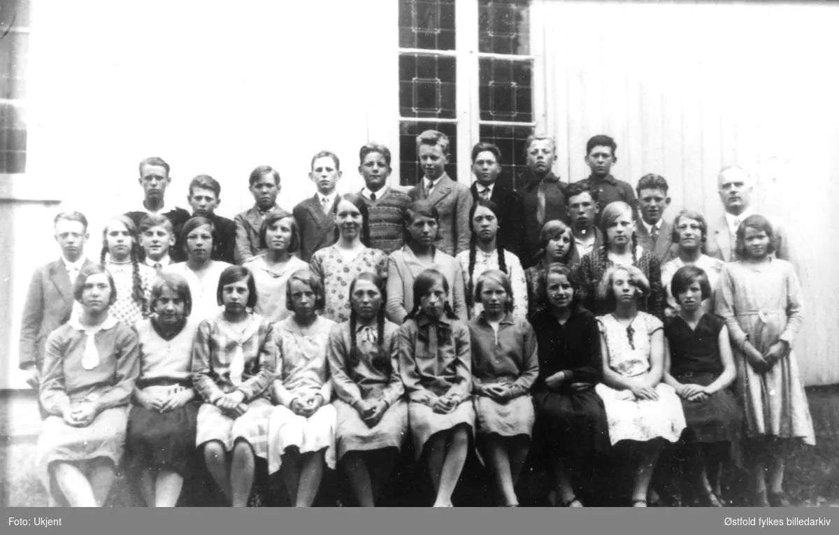Konfirmantene i Varteig i 1931 utenfor Varteig kirke med presten Birger Sinding til høyre. Navnelistemed plassering, se fotokort.