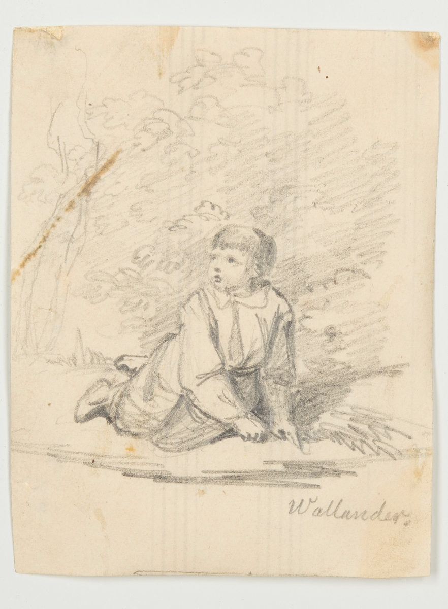 Teckningen visar en pojke liggande framstupa stödande sig med händerna mot marken och huvudet vridet åt höger.
