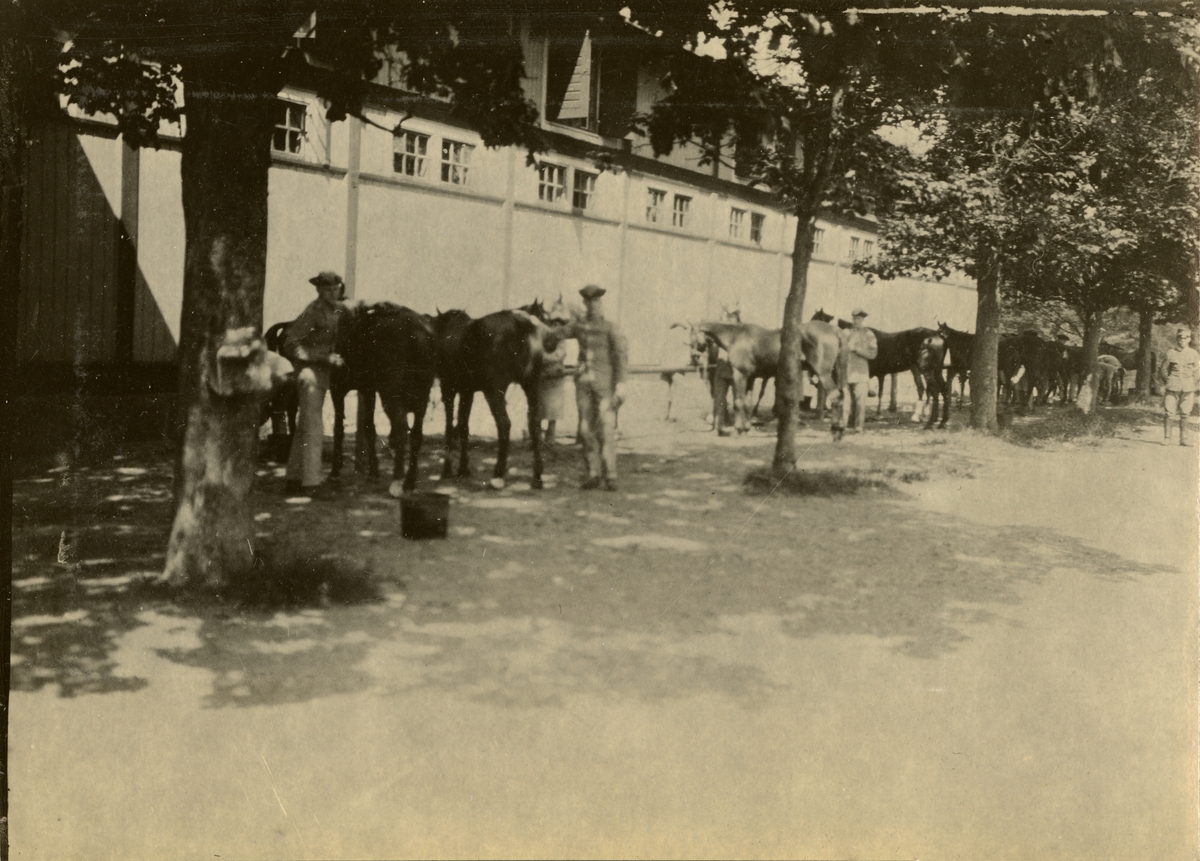 Soldater från Kavalleriskolan framför ridhuset.