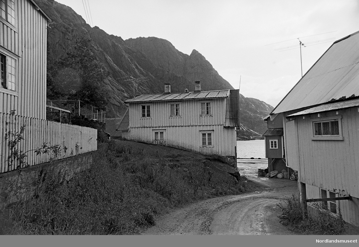 Bygninger i fiskeværet Nusfjord. Boliger og  uthus på begge sider av vei som går ned til en kai i bakgrunnen. Fjell i bakgrunnen t.v.