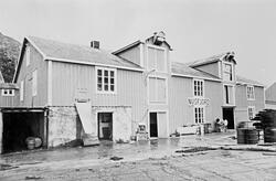 Bygninger i fiskeværet Nusfjord. Fiskebruk med skilt "Nusfjo