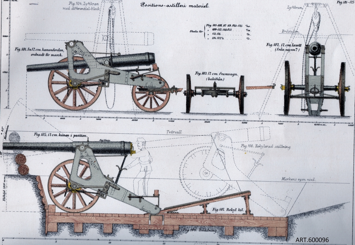 Kanonen tillhör det nya positionsartilleriet vars första pjäs var 12 cm kanon m/1879 . Det skulle utnyttjas för bestyckning av fästningar, tillfälliga försvarsställningar, för belägringar och även för förstärkning vid anfall.
  m/ 1879 var ett första försök som inte hängde med i den snabba utvecklingen vid denna tid. Nytt kemiskt krut tillkom, liksom, även med koppling till nya krutet, eldrör av stål som tålde starkare laddning och som då kunde nå längre.
 En ny konstruktion köptes av Krupp. På denna, benämnd m/1885, var hjulen av en förstärkt typ (senare ytterligare förstärkta till den typ som finns idag på museets kanon) och eldröret helt av stål. 
För att underlätta svansning (sidinriktning) infördes en särskild på marken baktill liggande svansplatta. Inledningsvis togs rekylen upp genom stora rekylkilar på vilka pjäsen rullade upp, bromsades upp och rullade tillbaka igen till skjutläget. Se särskild bild från en skjutning och bild med en på museet tillverkad kil, efter gammal ritning, helt av trä, ca 4 meter lång och tung.

På fast underlag fästes en streckskiva som underlättade inriktning i sida samt senare, fästes i golvet en rekylbroms av kompressionstyp som radikalt minskade rekylen och enbart en mindre rekylkil blev nödvändig. (Se bilder för 16 cm kanon m/1891.)
Från 1916 gjordes försök, och infördes för vissa, dessutom hjulbälten vilka infördes för att minska hjultrycket som gjorde att man vågade gruppera i något sämre underlag. (Hjulbälte finns i samlingarna för 16 cm haubits m/1885, se bild.)
Föreställaren för att få kanonen 4-hjulig vid transport var av enkel ”sadeltyp” (även kallad framvagn). 
 Eldröret lyftes ned i transportläge genom den till batteriet tillhörande kranen.
Se bild av kran-  ingen finns bevarad.
DATA	Kaliber 117 mm, totalvikt 2 485 kg, max Vo 475 m/s, skottvidd 8,5 km, eldröret räfflat 	vänster 35 räfflor. 
	54 tillverkades inklusive två försökspjäser varav 12 av Krupp och resten, på licens, 	som delades mellan Bofors och Finspång.