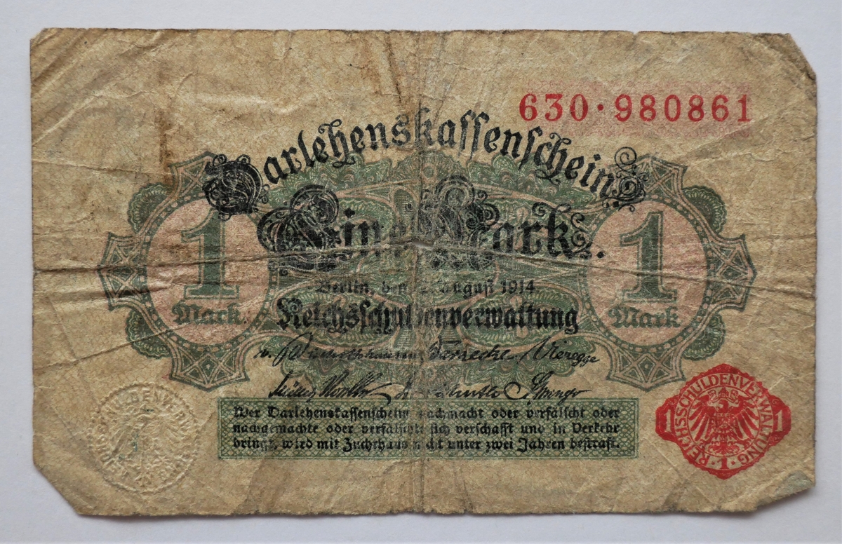 1 tysk pengeseddel.

1 tysk markseddel fra 1914 - Nr. 630-980861.

Gave fra bankbokholder N. Ølness, Bergen.