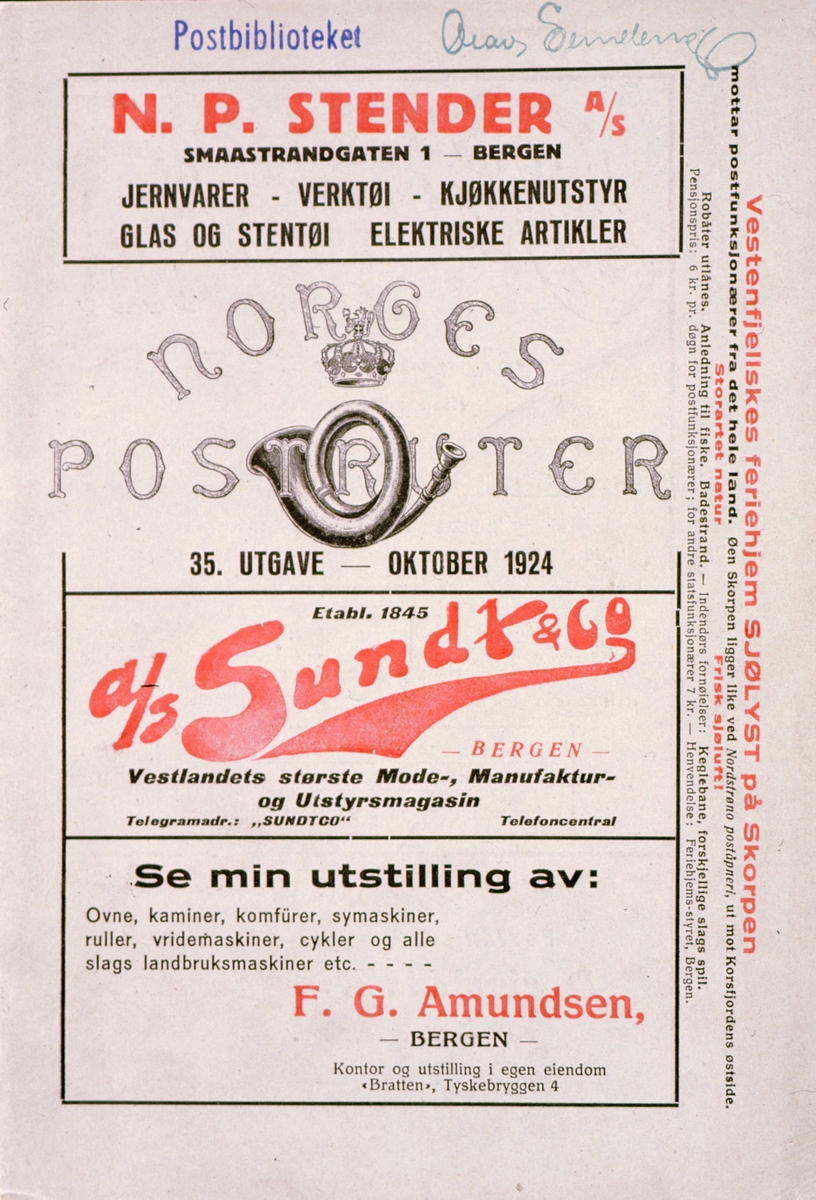 postmuseet, bøker, Norges postruter 35. utgave oktober 1924, omslag