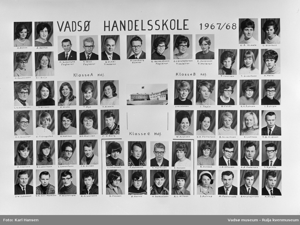 Avgangselever Vadsø Handelsskole 1967/68. Portrettsamling elever og lærere.