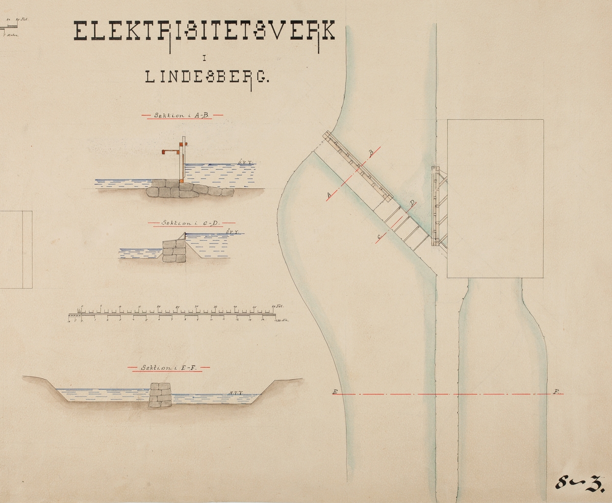 Delförstoring av ritning över förslag till Lindesbergs elektricitetsverk.