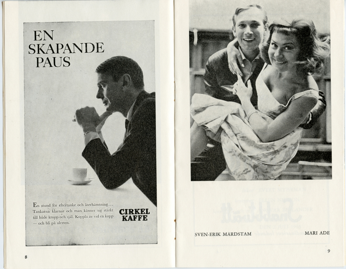 Program för Folkets Parks och Svenska teaterns uppsättning av "Amors hörna" från 1963. Innehåller information om föreställningen och reklam.