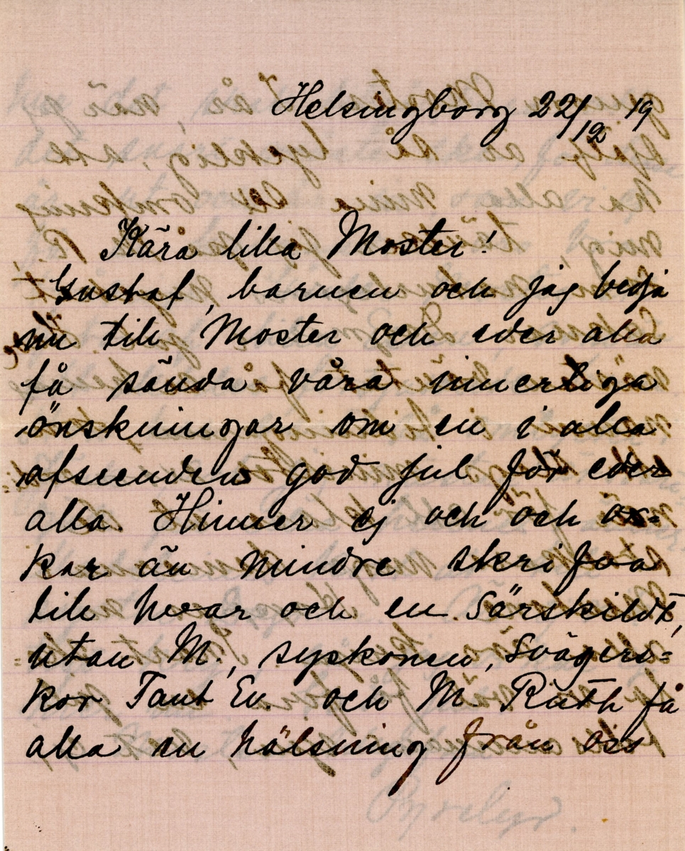 Brev skrivet 1919-12-22 av Pyrelyr (Nini) Ramsey till hennes moster Ester Hammarstedt. Brevet består av tre sidor text på ett vikt pappersark. Hittades utan kuvert i en lädermapp som tillhörde Ester Hammarstedt. Handskrivet i svart bläck.