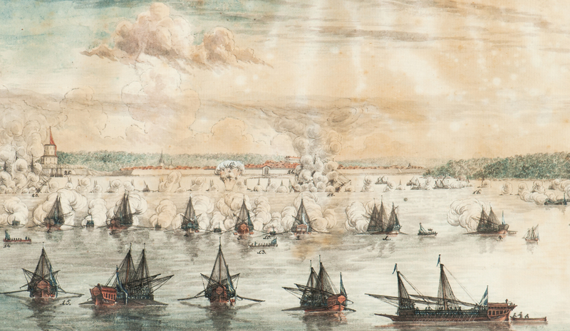 Svenska galärer i strid vid Fredrikshamn 1790. Akvarell av J T Schoultz.