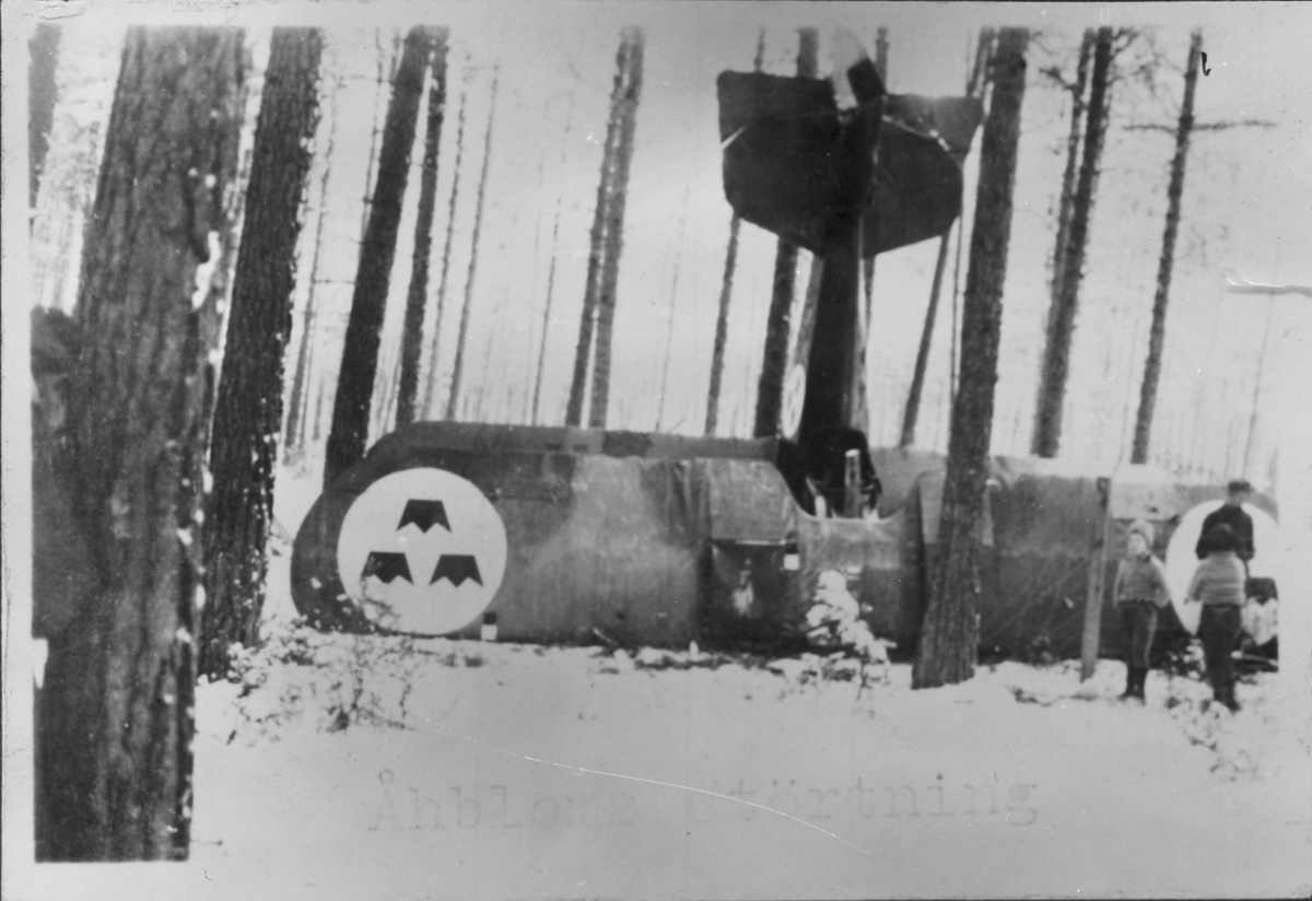 Ett störtat flygplan J 1 Phönixjagaren ligger i ett skogsparti, vintertid. Personer står vid flygplanet. Haveri den 18/1 1928 med flygplan nr 3145.