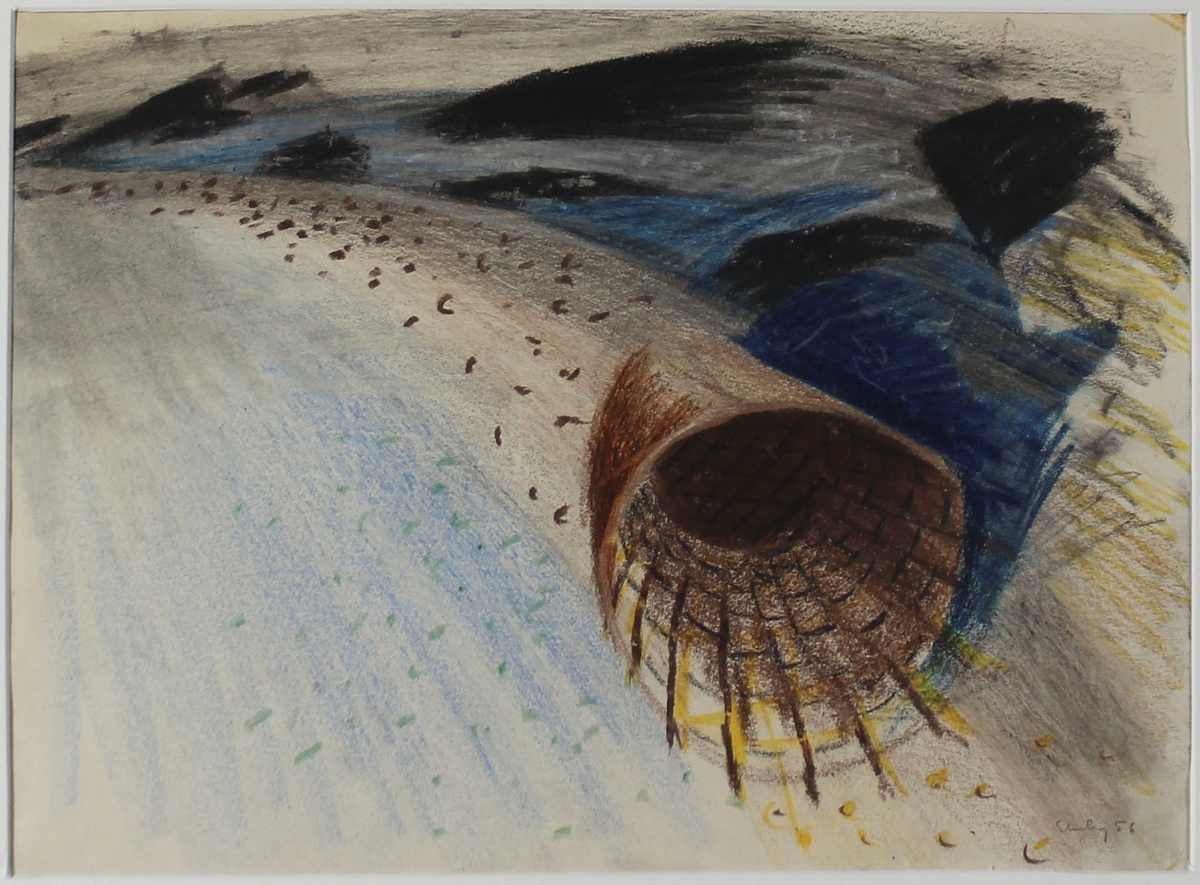 Teckning i liggande format föreställande flätad korg omkullblåst på en strand.