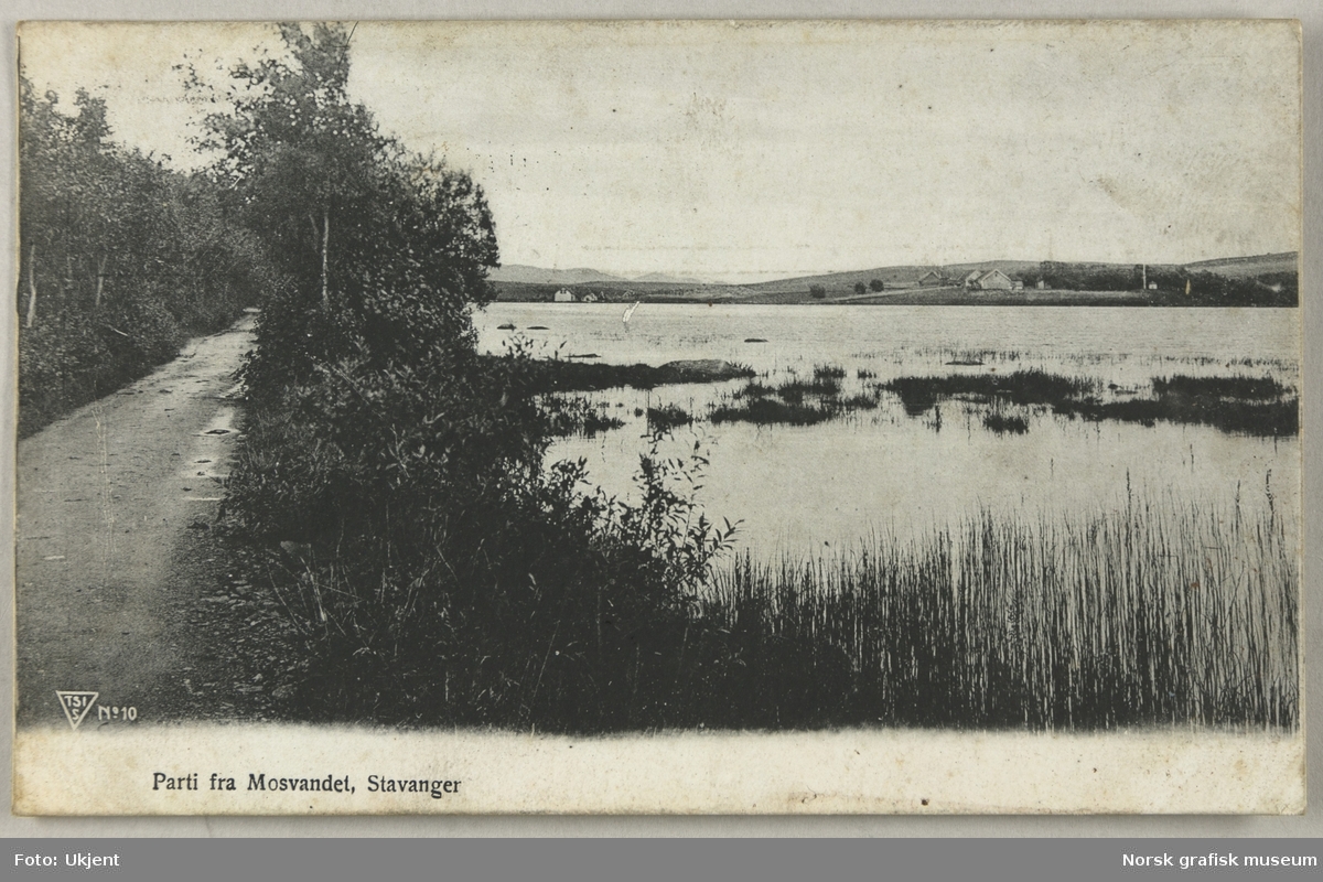Postkort med utsikt over Mosvatnet i Stavanger. En vei går langs venstresiden. På motsatt side av vannet er det to gårder.