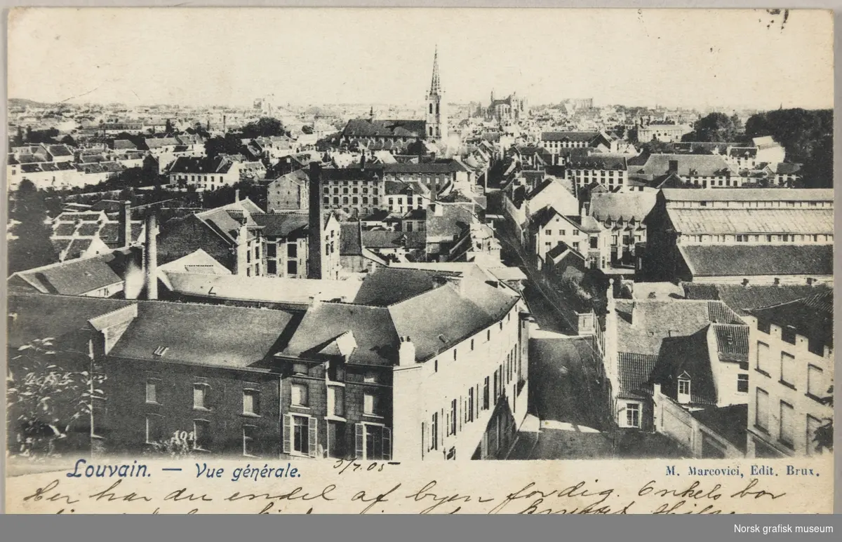 Postkort fra Antonie til Olava Lunde. Kortet viser byen Leuven i Belgia.
