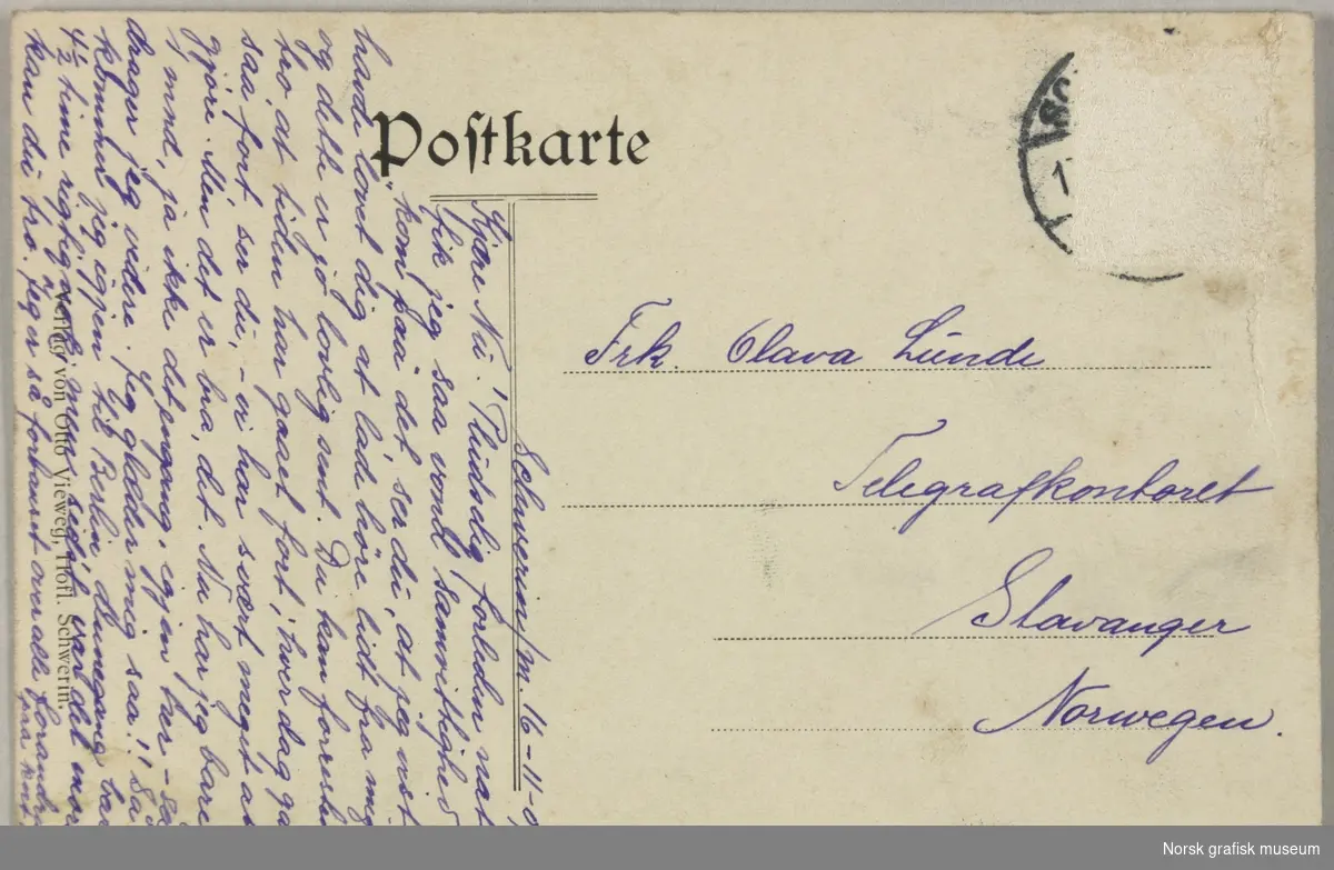Postkort fra Johanne til Olava Lunde. Bildet er tatt utover Faulsee i Tyskland. Hilsener er skrevet på bildet og på adressesiden.