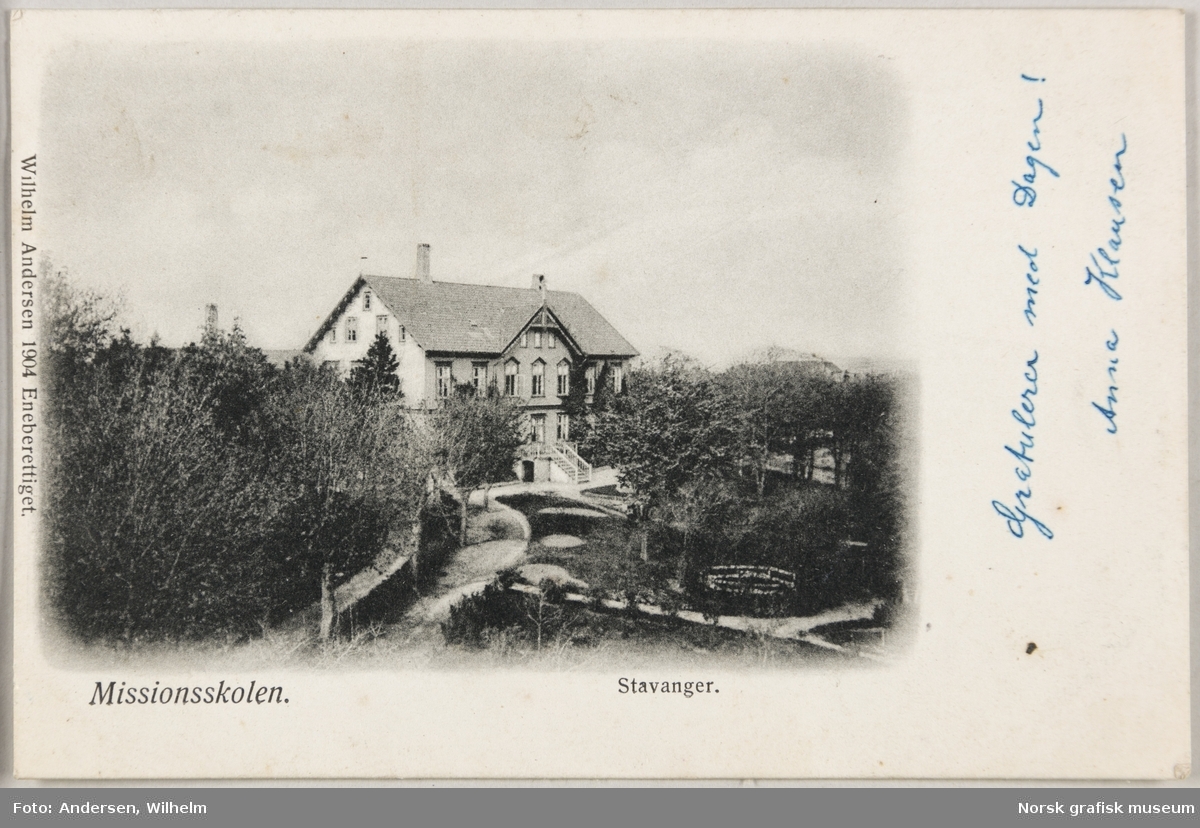 Postkort med bilde av Misjonsskolen i Stavanger.