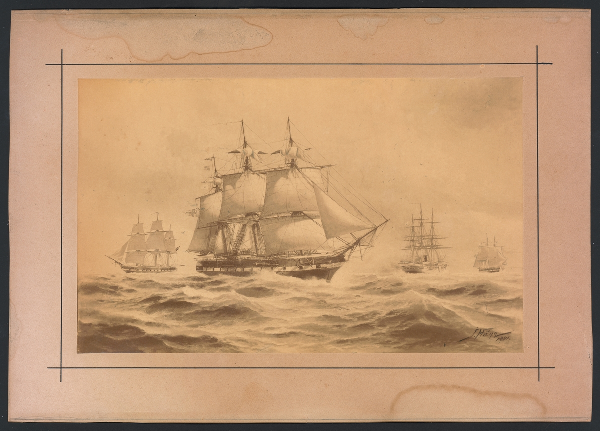 Denna reprofotografi efter en målning av Jacob Hägg föreställer segelfregatter och korvetter under segel, sannolikt fregatterna Eugenie, Vanadis, och Norrköping samt korvetten Balder.