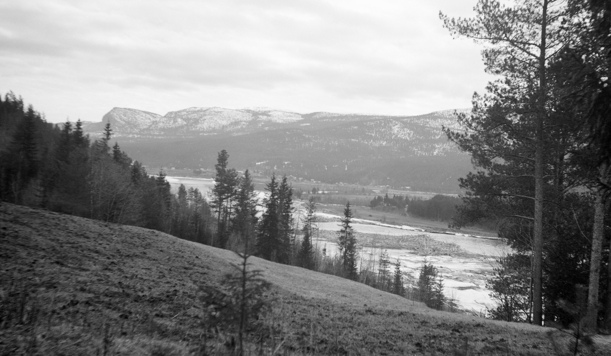 Landskapsfotografi fra Glomma ved Ivarsmoen i Stor-Elvdal.  Fotografiet er tatt fra en elvebakke med et dyrket, grasbevokst areal (voll) i forgrunnen, omgitt av gran- og furuskog.  Nedenfor flyter Glomma.  Vannspeilet brytes av ører der det later til å ligge igjen is og tømmer.  På motsatt elvebredd skimtes en skogtange (til høyre i bildet) med bakenforliggende engesletter.  Bakenfor en markant åsrygg med skog, stedvis også åpne snøflater. 