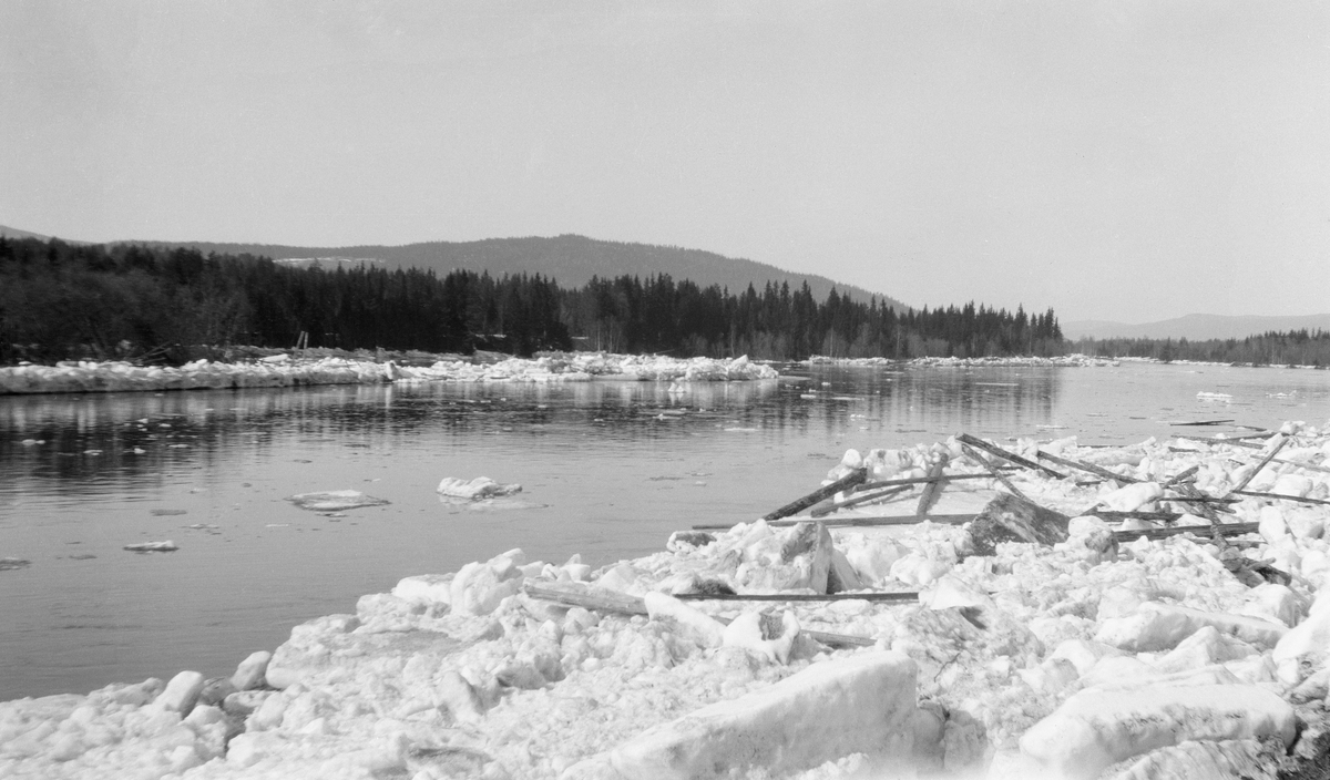 Glomma ved Kåsen i Åmot, fotografert etter den store isgangen i vassdraget våren 1928. Da dette fotografiet hadde vannet fri passasje i elveløpet, men det lå fortsatt tjukke islag, ispedd fløtingstømmer langs elvebreddene. Denne delen av bygda ble, som sitatet nedenfor antyder, hardt rammet av isgangen.

Den 2. mai 1928, antakelig litt før dette fotografiet ble tatt, beskrev regionavisa «Østlændingen» situasjonen i denne delen av Åmot slik:

«Ødeleggelsene i Åmot.
Ved gårdene Alme og Kåsen så det stygt ut. På begge gårder ligger det svære lang av is og tømmer som elven har slynget opp. Folk som hadde vært tilstede da den voldsomme isgang gikk søndag eftermiddag, forteller at tømmerstokkene blev slynget høit i været og store trær langs elvekanten knakk som fyrstikker. På Alme ligger isblokkene veltet op langs husveggene – i sannhet et hyggelig syn for eierne, som nu skulde tatt fatt med vårånna. Det er nu i alt 8 jorder som er fullstendig oversvømmet av vann. På flere av disse er jordveien ødelagt for lange tider. På Alme har elven feiet med sig all jorden over hele eiendommen.

Ovenfor Alme gikk det i går eftermiddag flere mindre isganger. Det blev fortalt av eldre folk, at lignende isganger har det ikke vært i Glåma siden 1854. ….»