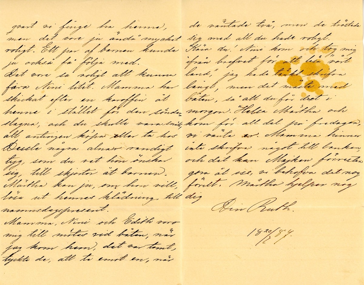 Brev skrivet 1884-03-20 från Ruth Ester Hammarstedt till hennes syster Ester Hammarstedt. Brevet består av tre sidor text skrivna på ett vikt pappersark. Brevet hittades utan kuvertet. Handskrivet i svart bläck.
