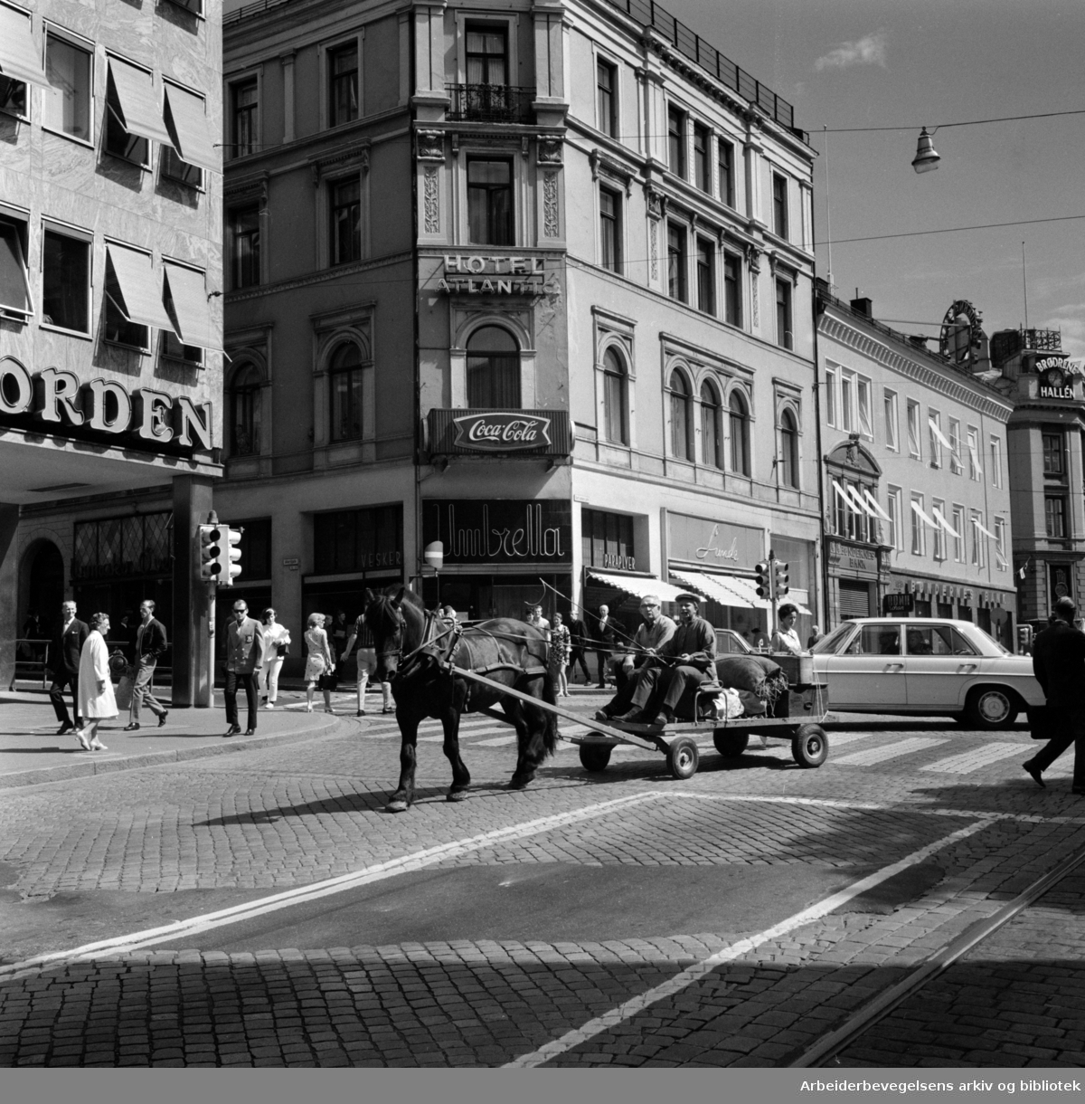 "På gampingtur i asfaltjungelen". Arbeiderbladets journalist Bjørn "Ausjen" Johannessen og gampen "Gubben" på tur i Oslo´s gater, juli 1968. Karl Johans gate.