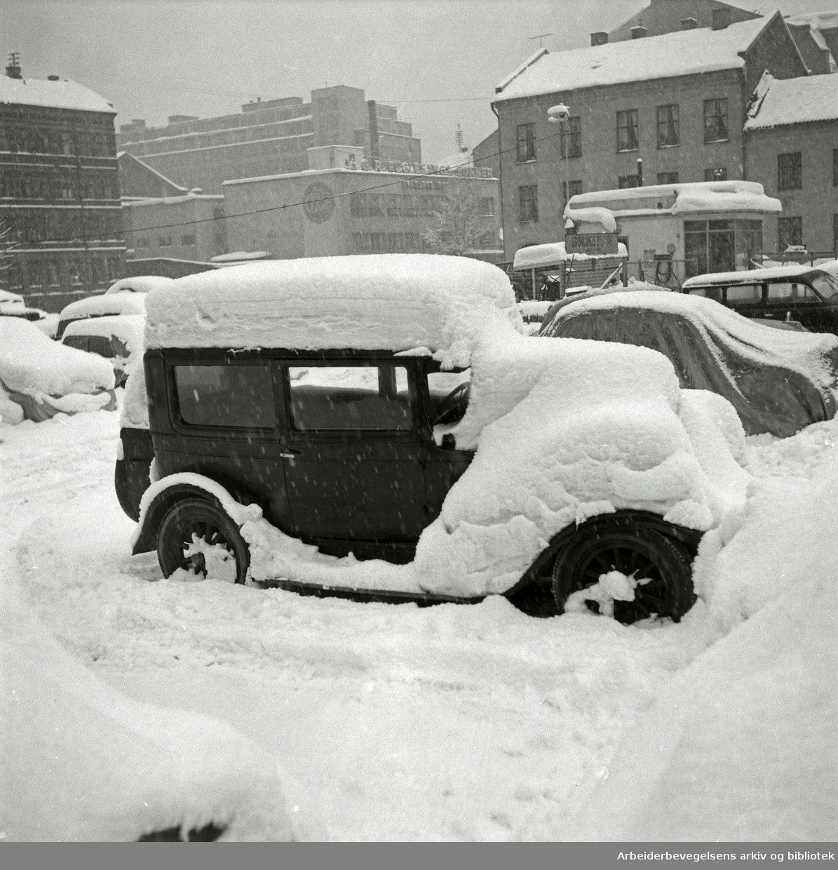 Nedsnødde biler på Grønland. Mars 1954.