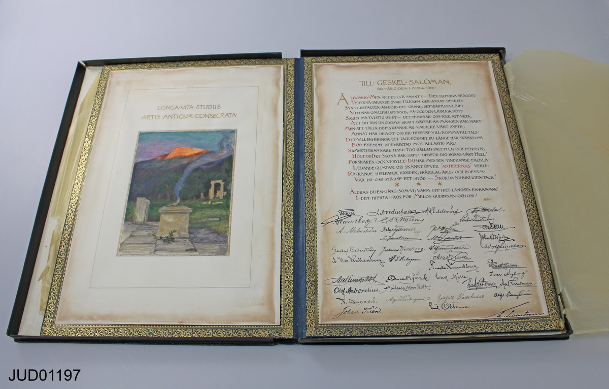 Inbundet gratulationskort från Konstakademien till Geskel Saloman på 80-årsdagen den 1/4 1901