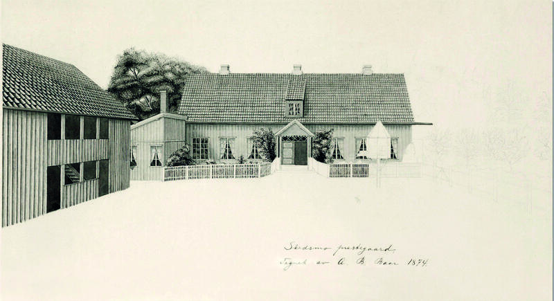 Drengestuen og hovedbygningen på Huseby gård. Tegning av A. B. Baar. 1874.