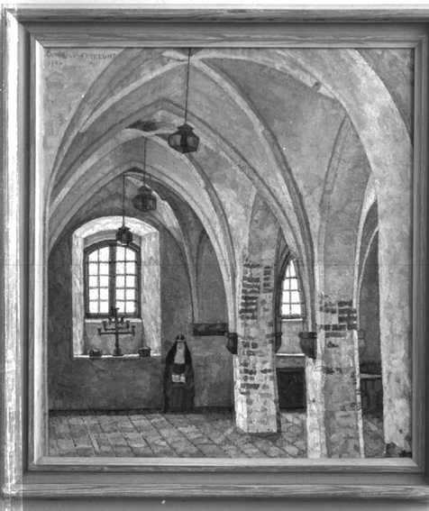 Målning föreställande valv i kyrka med nunnefigur.
Fotografens ant:Gunhild Fryklund.