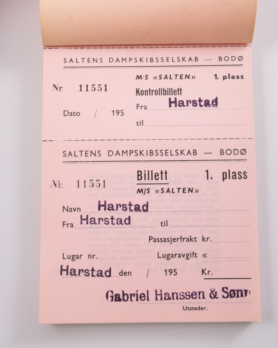 Billettbok til M/S "Salten" for billetter til 1. klasse med Saltens Dampskibsselskab, Bodø.