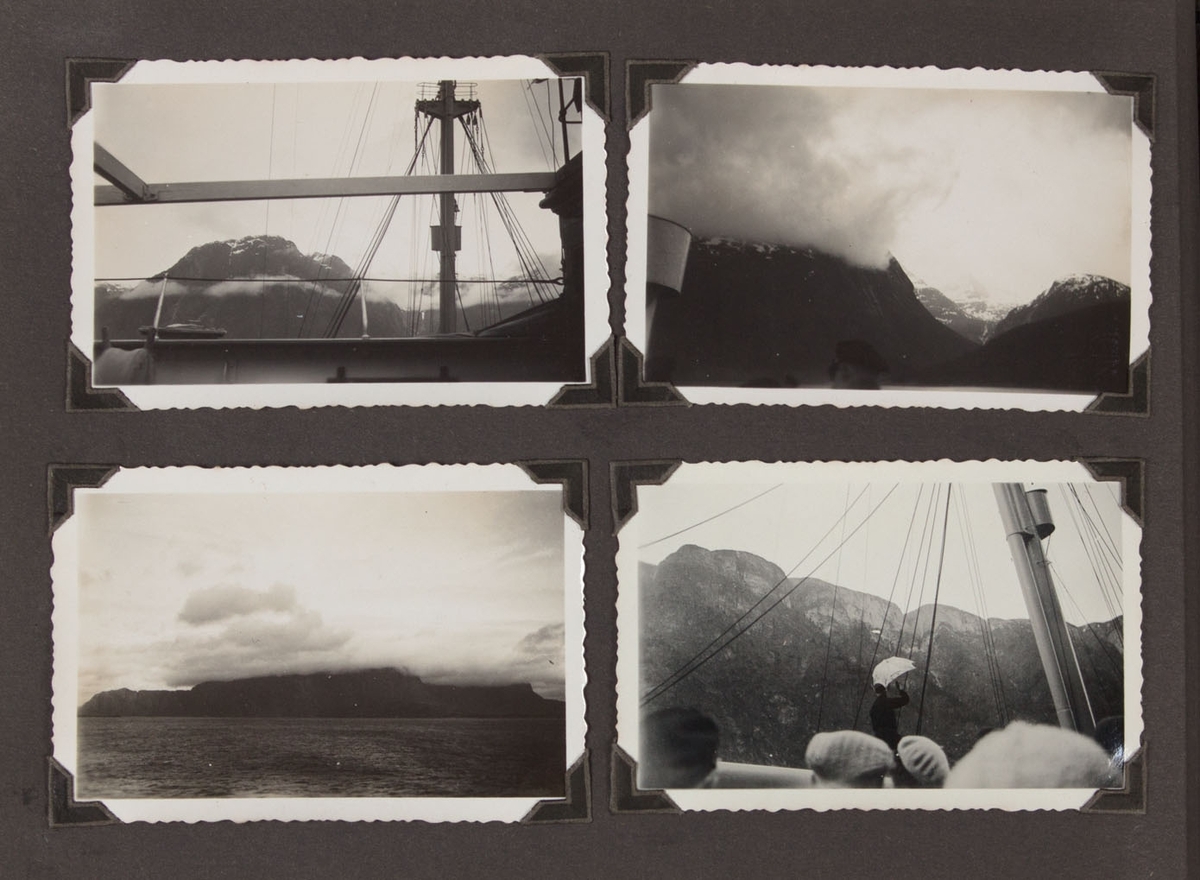 Albumside med fire foto tatt om bord på MONTE SARMIENTO. Motivet viser deler av dekk, rigg og viser ulike fjordmotiv.