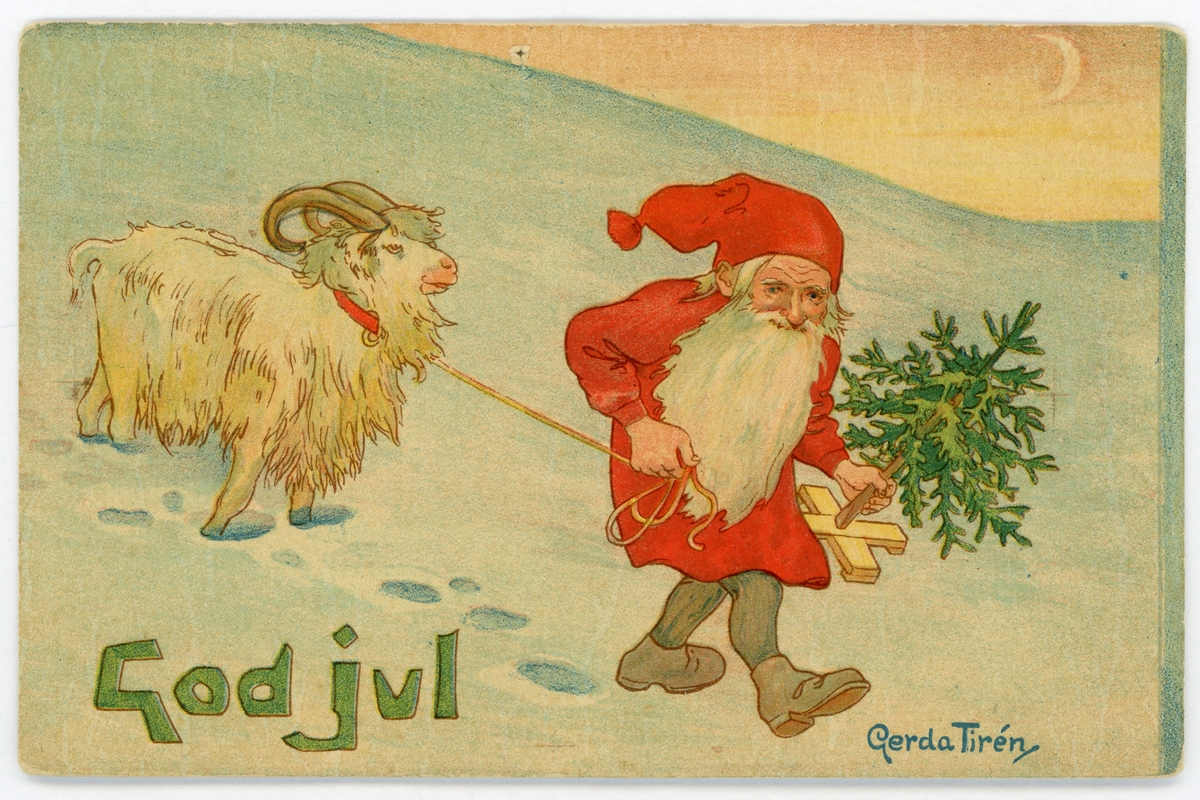 Julekort. Postkort. Motivet viser en nisse med rød overdel, grå strømper og gråbrune sko. I hånda holder han ei lita julegran med en enkel juletrefot av tre, som er formet som et kors eller kryss. Nissen leier ei julegeit eller en julebukk.