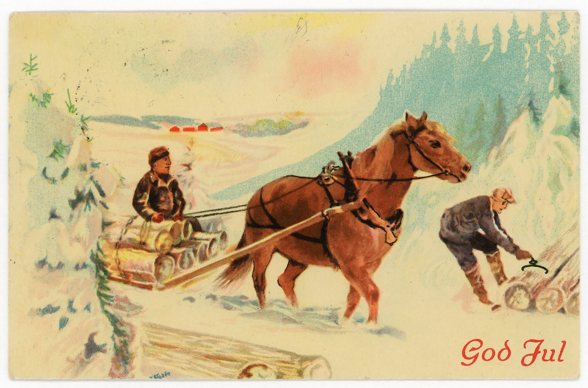Julekort. Postkort. Hest som drar tømmerlasset. En hestekar sitter bakop tømmerkjelken og styrer hesten. I motivets høyre hjørne er det en mann som arbeider med ei tømmersaks. Det står "God jul" i motivets høyre hjørne.